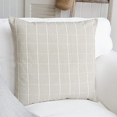 The Harper Cushion. In blue grey and soft white, ideal for luxurious coastal cushion in New England and Hamptons styled interiors from the White Lighthouse Furniture