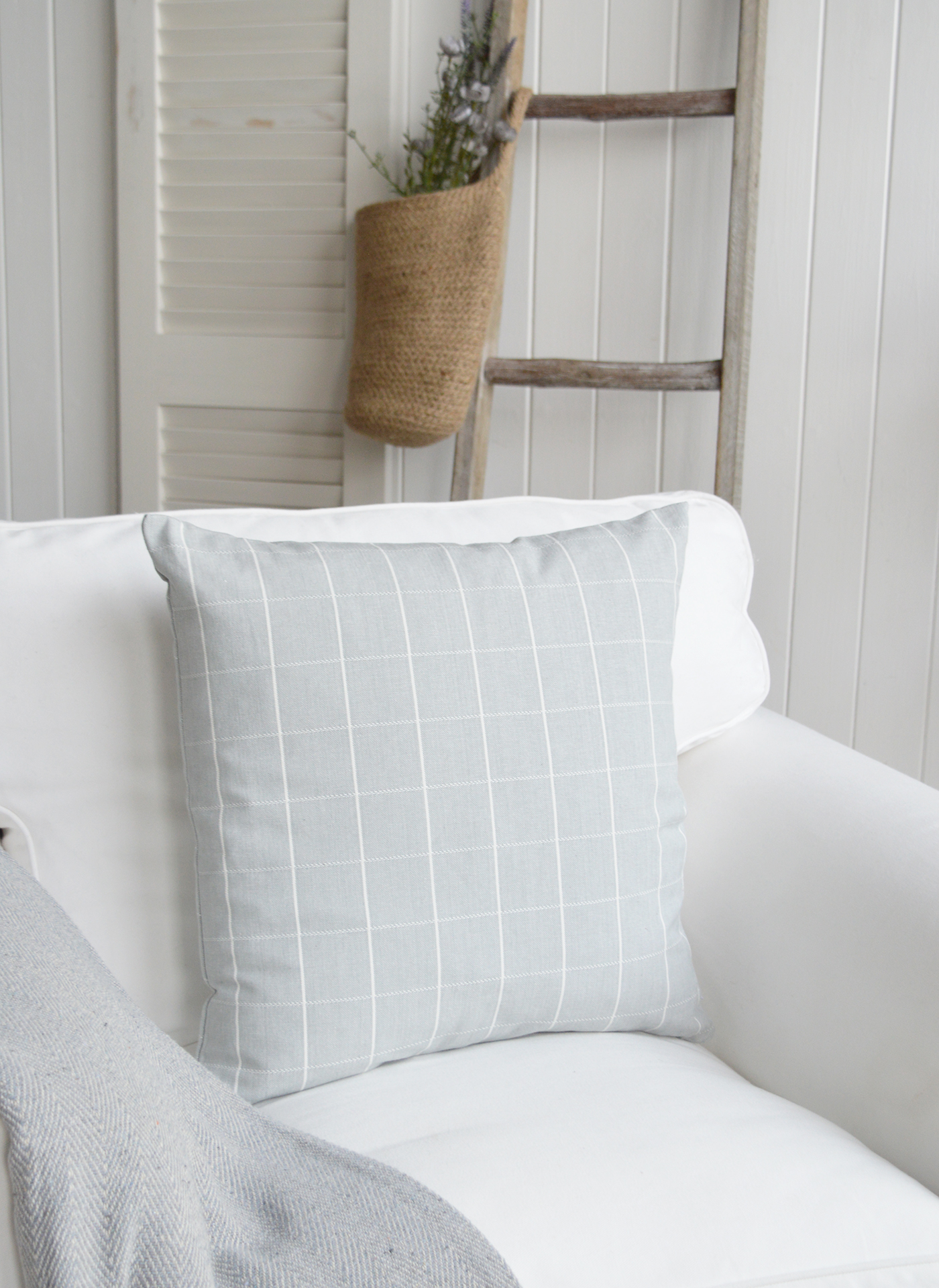 Chilton Luxury Cushions. Soft Blue Grey Check Cushion - New England, Hamptons and coastal cushions and interiors