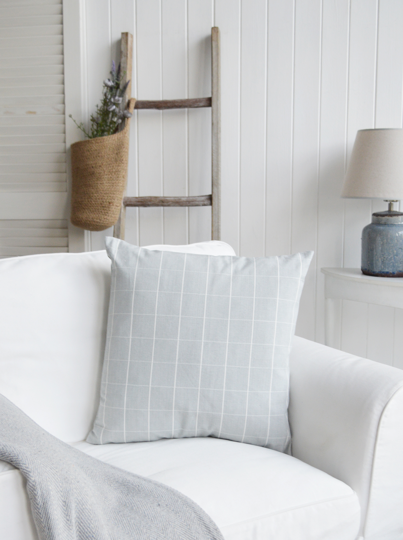 Chilton Luxury Cushions. Soft Blue Grey Check Cushion - New England, Hamptons and coastal cushions and interiors