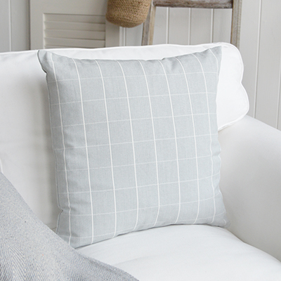 Chilton Luxury Cushions. Soft Blue Grey Check Cushion - New England, Hamptons and coastal cushions and interiors