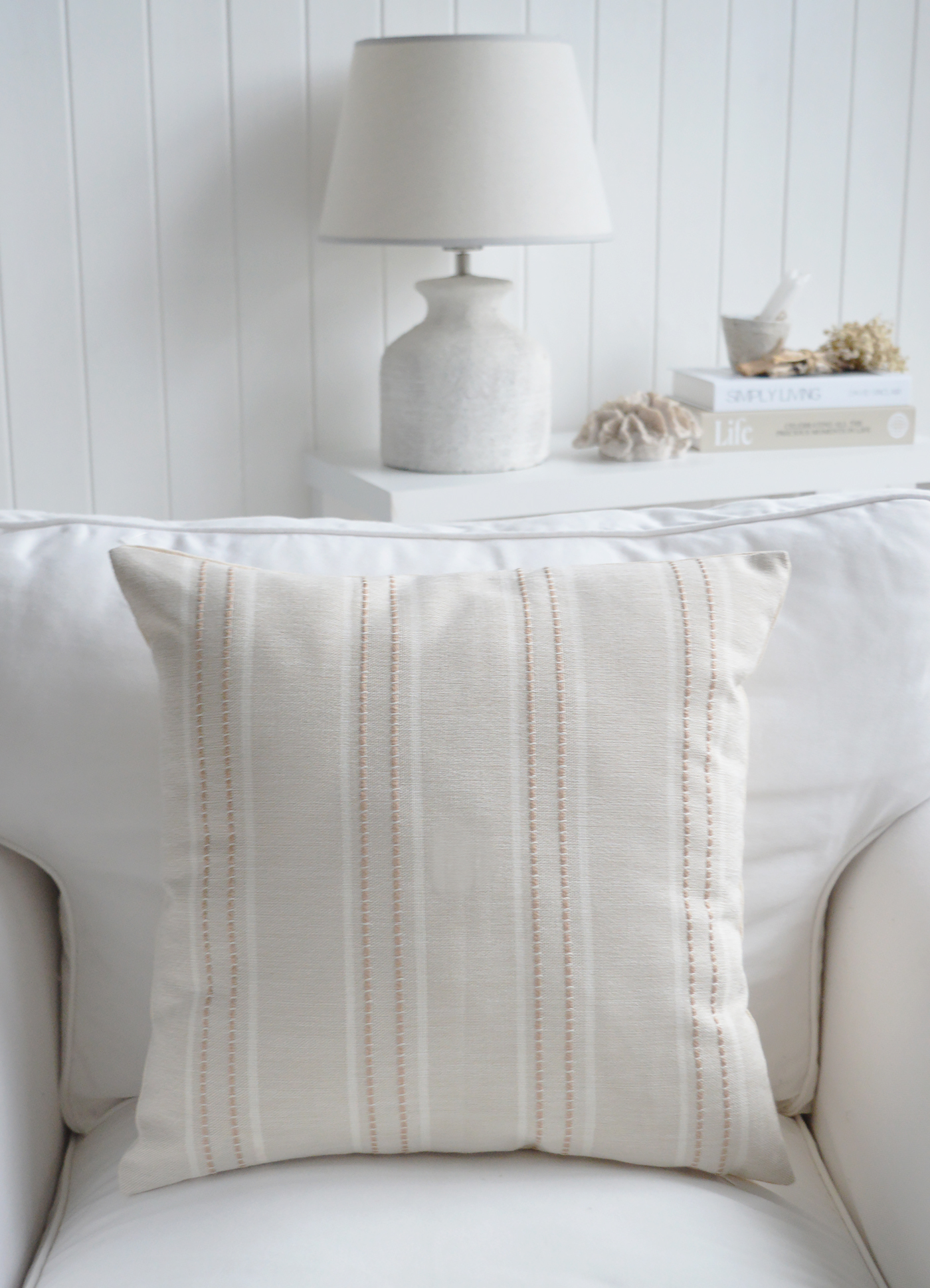 Designed for modern country and beach house interiors, the Cotsmere neutral stripe offers a timeless look that layers beautifully with whitewashed and driftwood furniture.