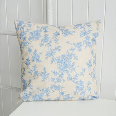 Soft blue florals and warm neutral tones give the Haverhill cushion cover a timeless New England feel, perfect for relaxed elegant interiors.