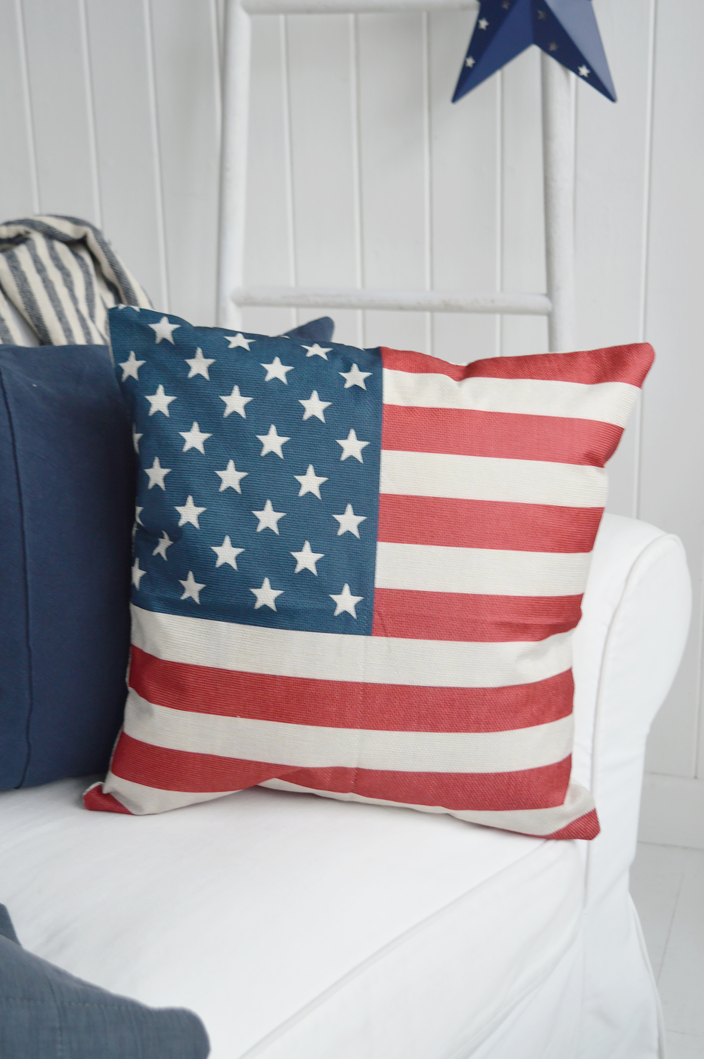 A timeless American flag cushion cover perfect for New England interiors and Hamptons style homes.