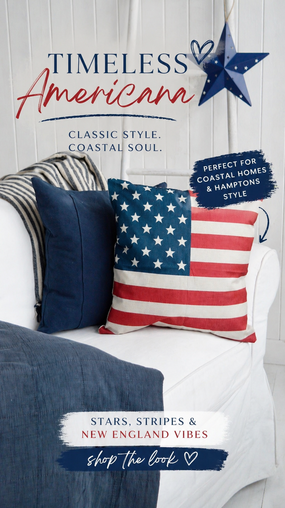 Classic stars and stripes styling for relaxed New England and Hamptons inspired interiors.