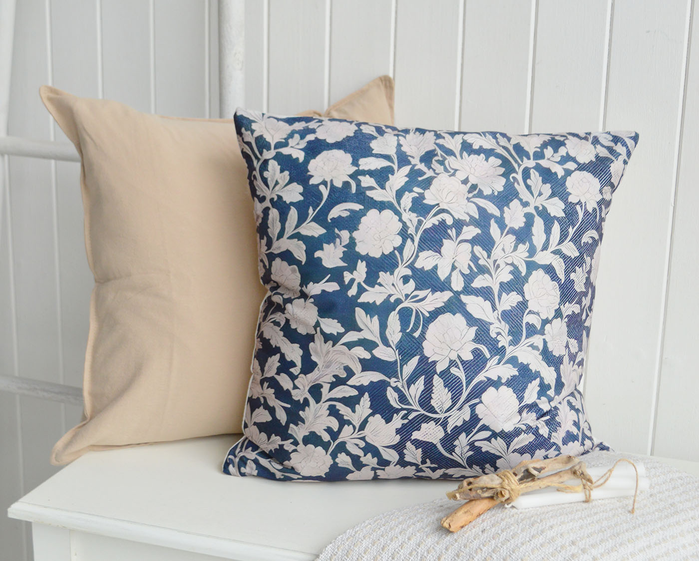 Rich navy florals paired with soft neutral linens create a timeless New England look, perfect for elegant coastal interiors, Hamptons homes and classic blue and white décor styling.