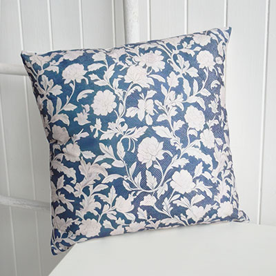 The Ashford cushion cover combines rich navy tones with elegant ivory florals, bringing timeless New England charm to coastal interiors, Hamptons homes and classic blue and white décor schemes.