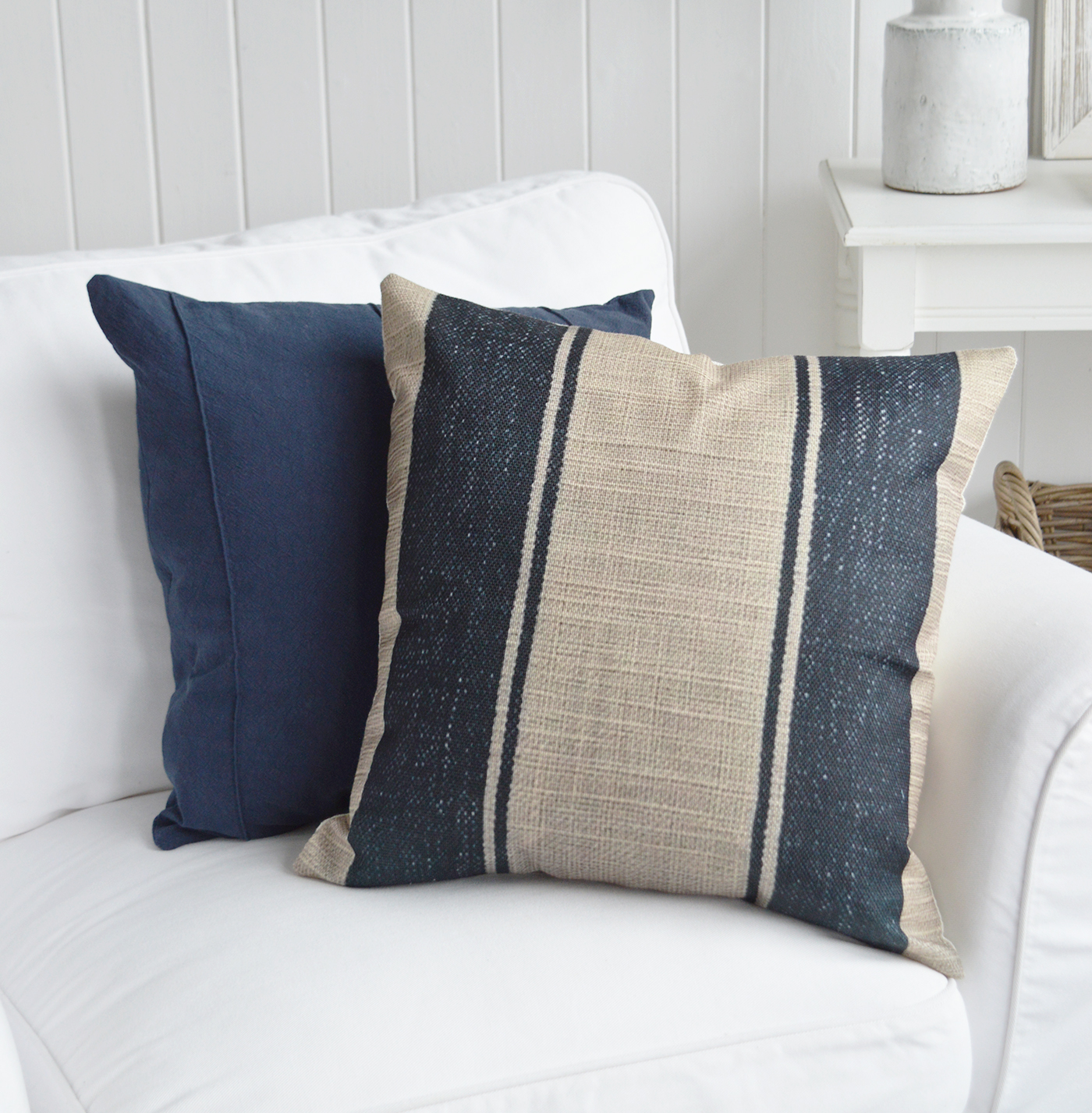 The Willow Bay Cushion Cover combines classic navy stripes with natural tones for timeless coastal living style. Create a relaxed Hamptons-inspired interior with the soft coastal colours of the Willow Bay Cushion Cover. Style with natural textures, soft throws and coastal accessories for a relaxed beach house look.