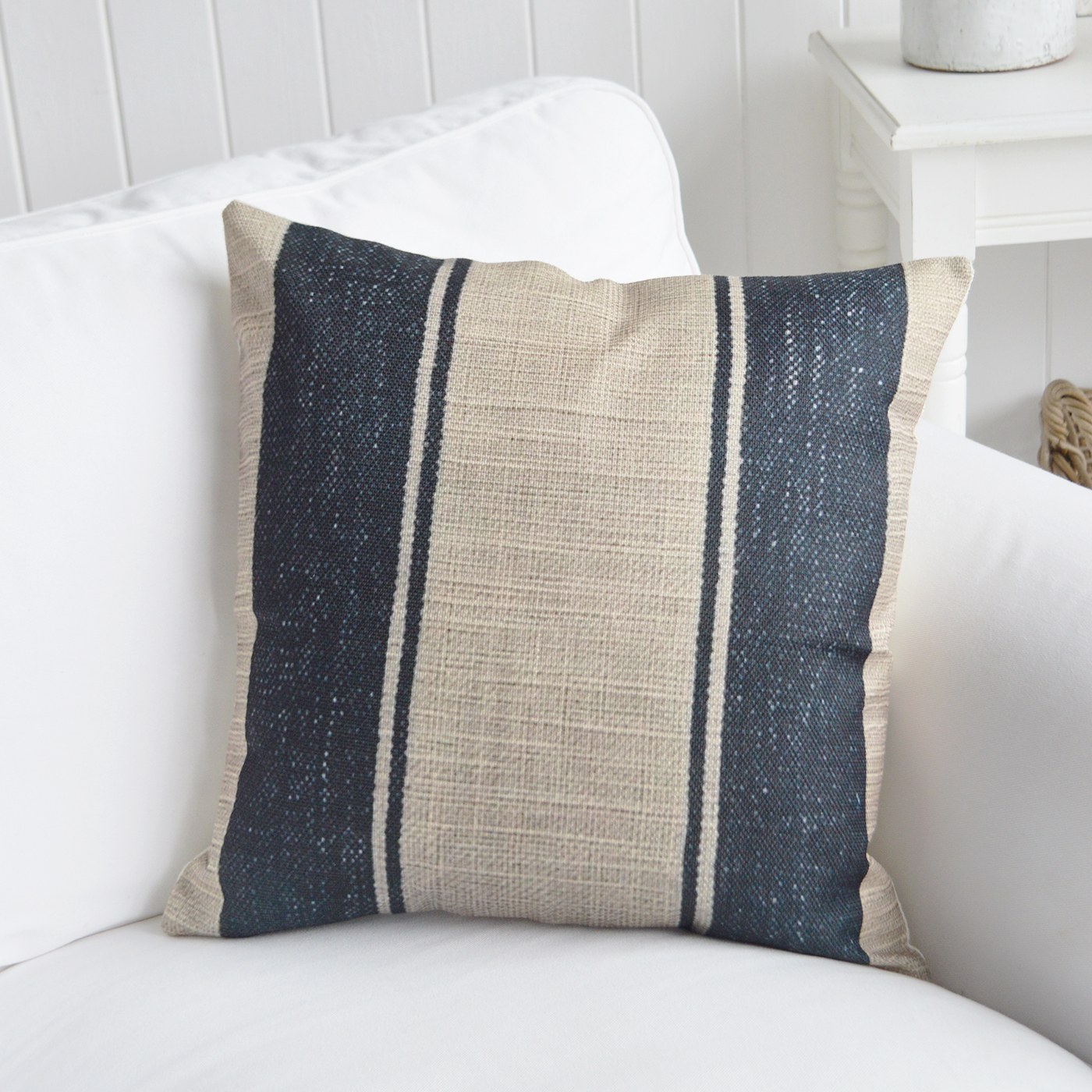 The Willow Bay Cushion Cover combines classic navy stripes with natural tones for timeless coastal living style.
