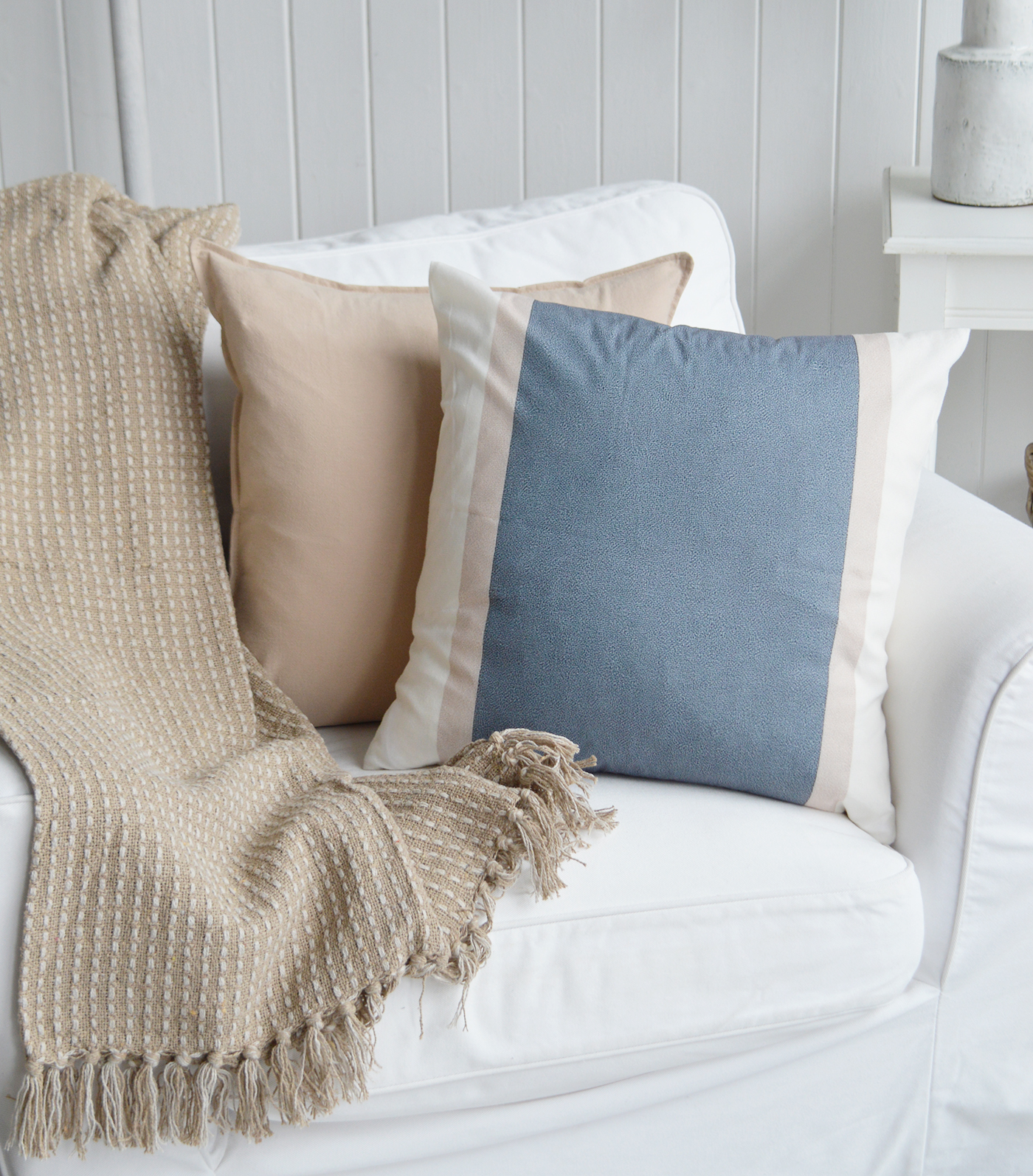 Create a layered coastal look with the Sandbar Cushion Cover, pairing soft blue and neutral shades with your favourite coastal furniture and beach house accessories.