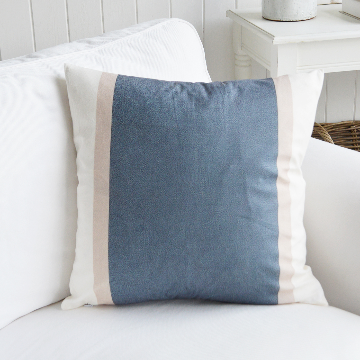 The Sandbar Printed Cushion Cover combines soft coastal blue and sandy neutral tones, making it the perfect accessory for Hamptons interiors, New England homes and coastal living spaces.