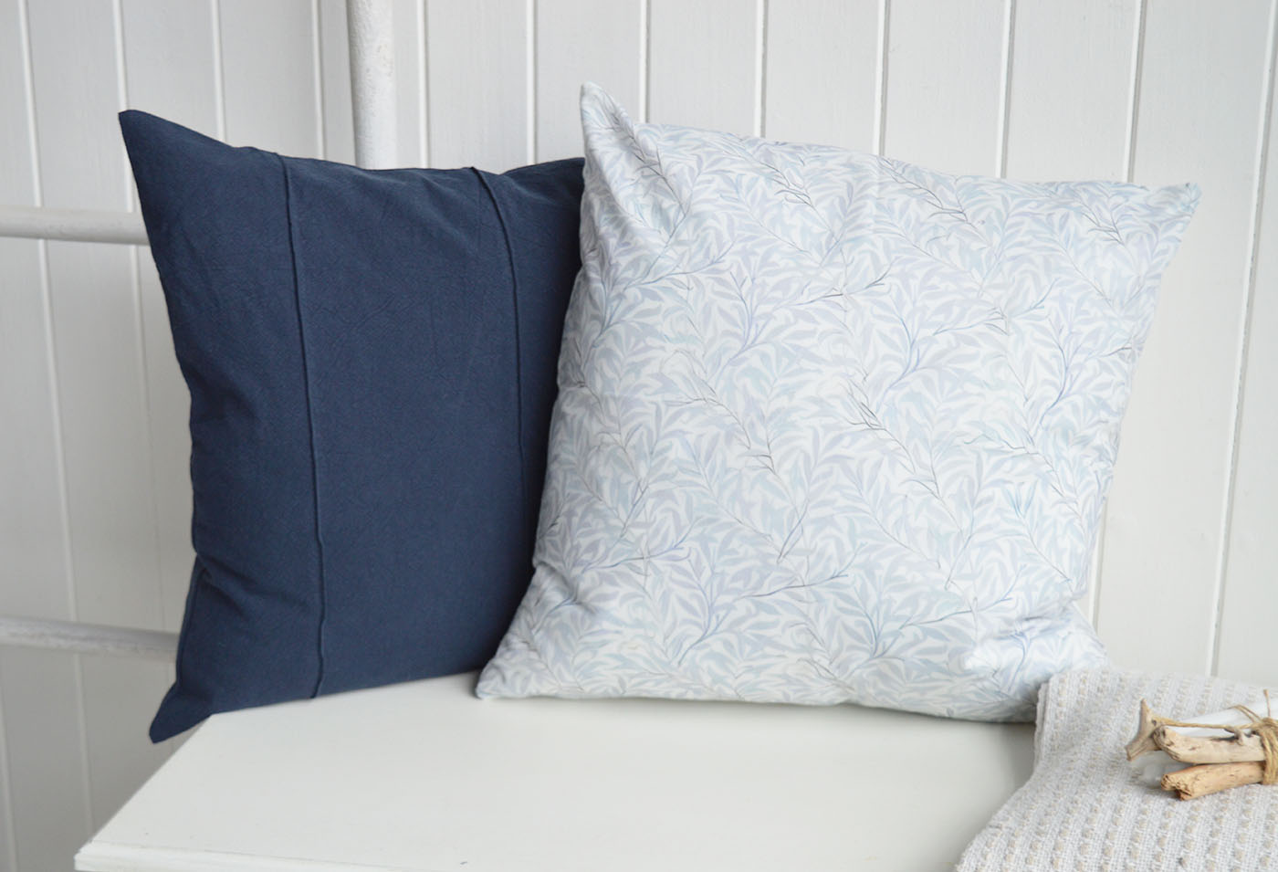 Style the Navy Marlow Cushion Cover with soft prints ont Dalton cushion cover and layered textures to create the perfect Hamptons interiors look, bringing timeless New England interiors charm and relaxed coastal elegance to sofas, beds and beautifully curated coastal furniture settings.