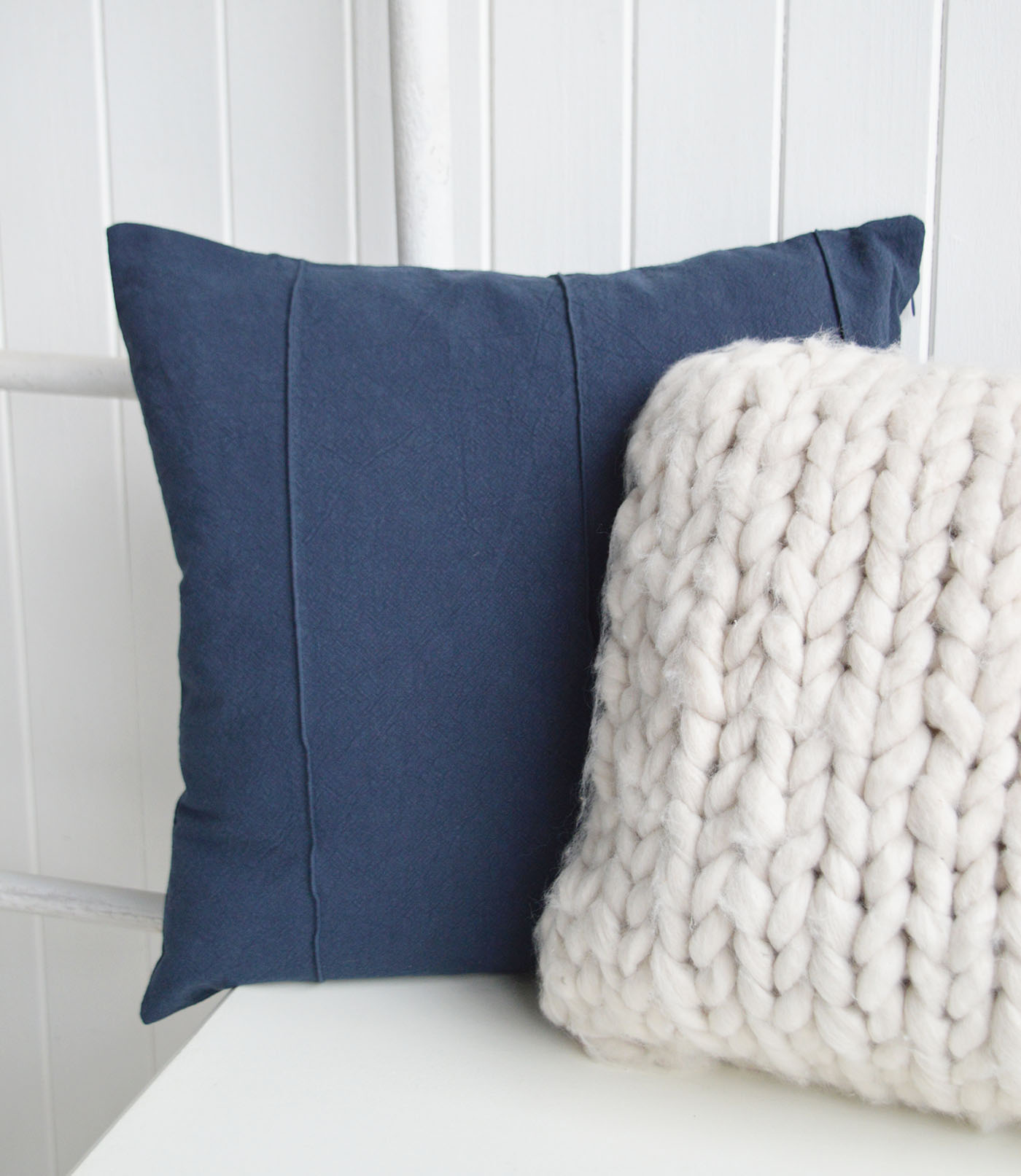 The Navy Marlow Cushion Cover pairs beautifully with soft chunky knits and neutral textures, making it the perfect choice for coastal cushions, Hamptons interiors and timeless New England interiors with a relaxed luxury feel inspired by elegant coastal living.