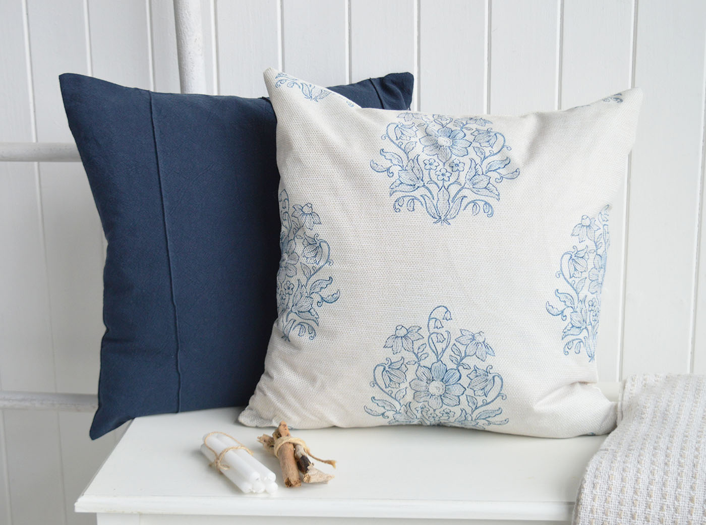 Layer the Navy Marlow Cushion Cover with soft blue florals and natural textures to create a timeless coastal interiors look, perfect for Hamptons interiors, New England interiors and elegant coastal furniture styling with a calm, relaxed and luxurious feel.