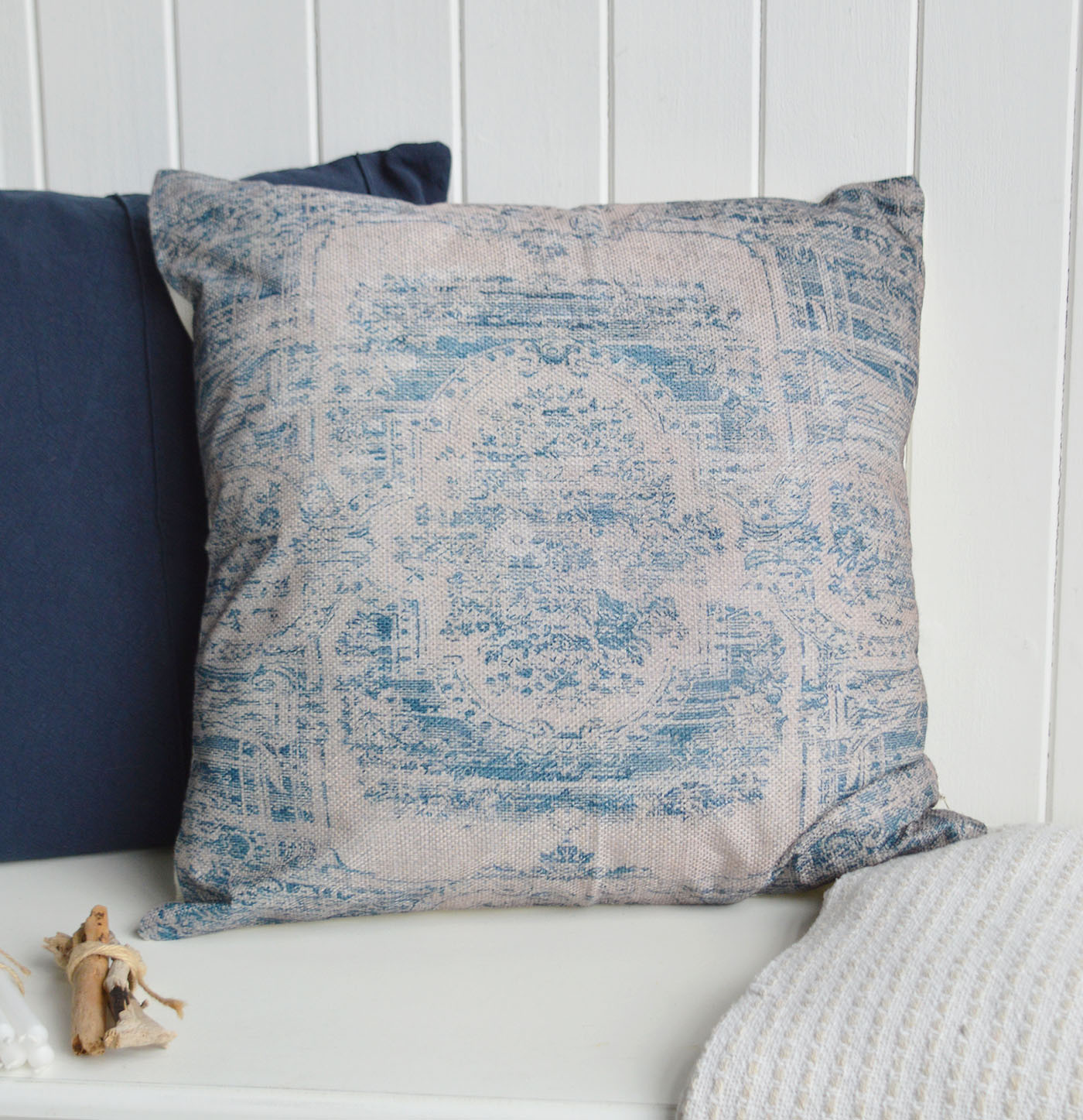     With its vintage-style blue design and soft woven texture, the Wainscott Cushion Cover is ideal for Hamptons interiors, coastal interiors and elegant beach house décor.