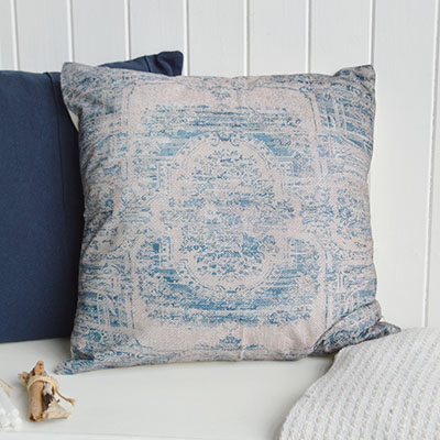     The Wainscott Cushion Cover combines a timeless blue vintage-inspired pattern with soft neutral tones, perfect for creating elegant coastal interiors and relaxed Hamptons interiors.