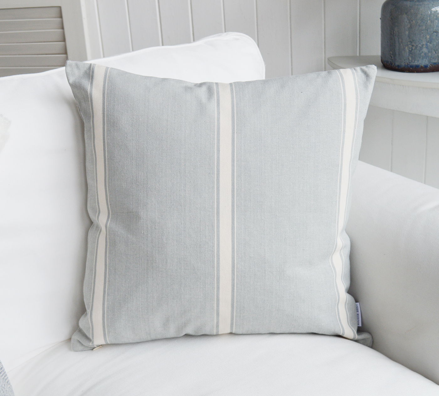 The Harper Cushion. In blue grey and soft white, ideal for luxurious coastal cushion in New England and Hamptons styled interiors from the White Lighthouse Furniture