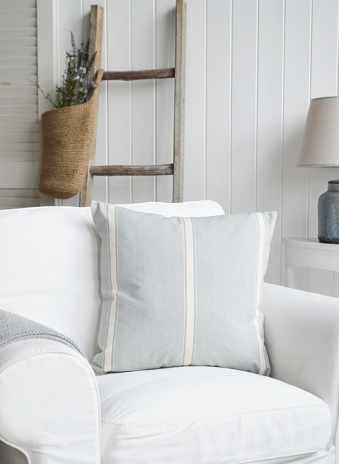 The Harper Cushion. In blue grey and soft white, ideal for luxurious coastal cushion in New England and Hamptons styled interiors from the White Lighthouse Furniture