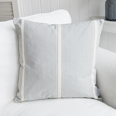 The Harper Cushion. In blue grey and soft white, ideal for luxurious coastal cushion in New England and Hamptons styled interiors from the White Lighthouse Furniture