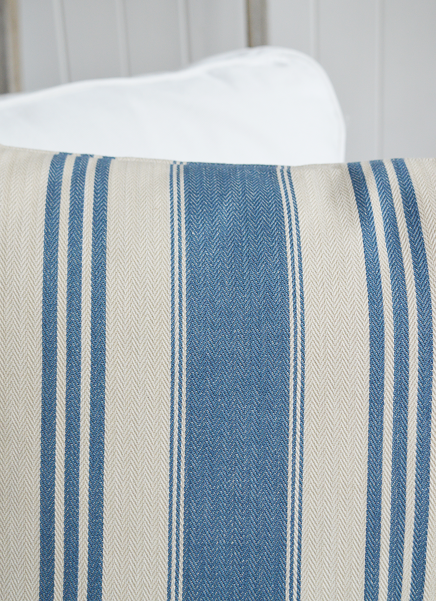 Harper Luxury Cushions. Blue & Linen Herringone Striped Cushion - New England, Hamptons and coastal cushions and interiors