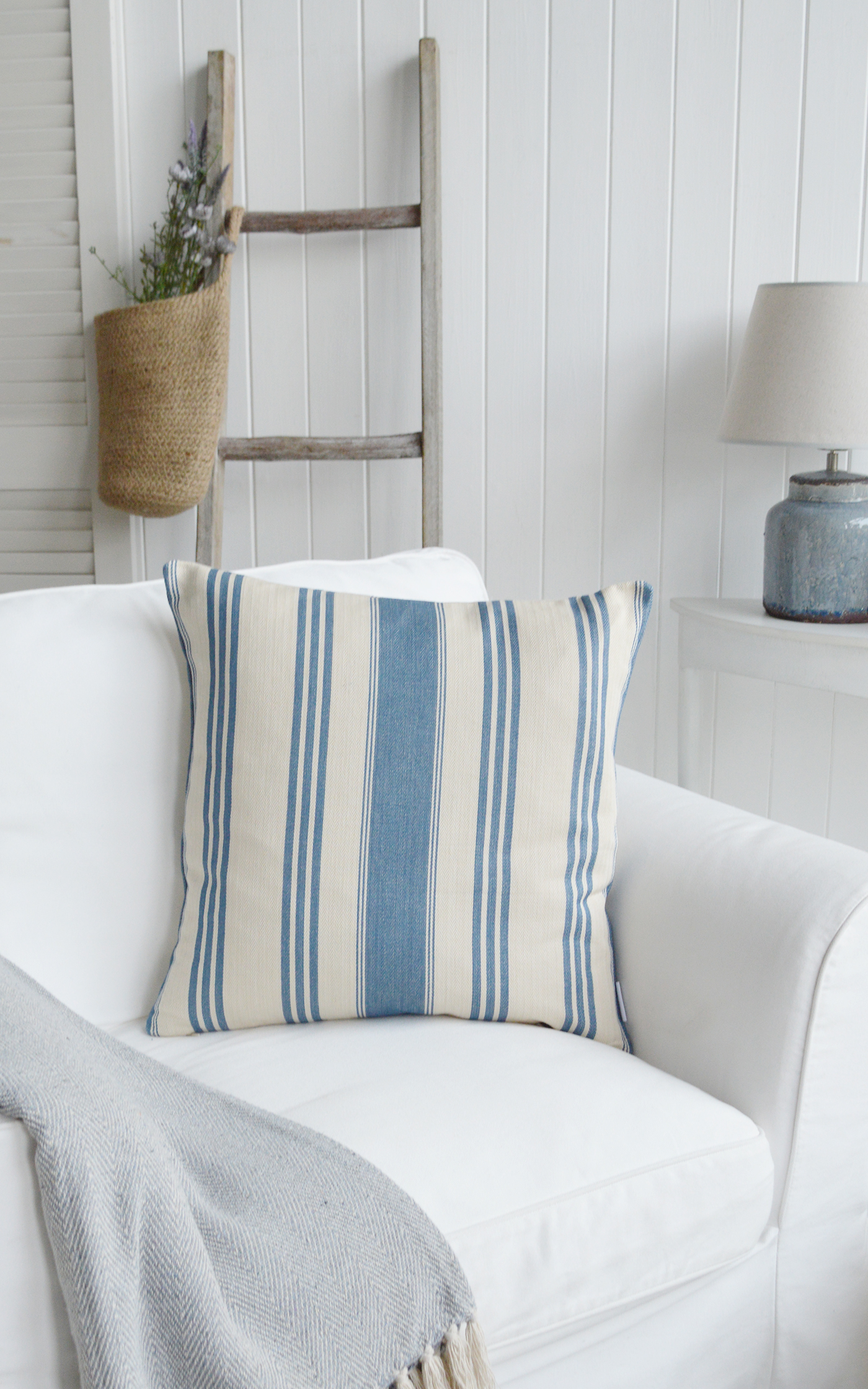 Harper Luxury Cushions. Blue & Linen Herringone Striped Cushion - New England, Hamptons and coastal cushions and interiors