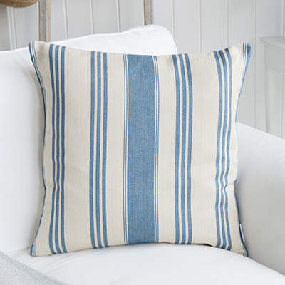 Harper Luxury Cushions. Blue & Linen Herringone Striped Cushion - New England, Hamptons and coastal cushions and interiors