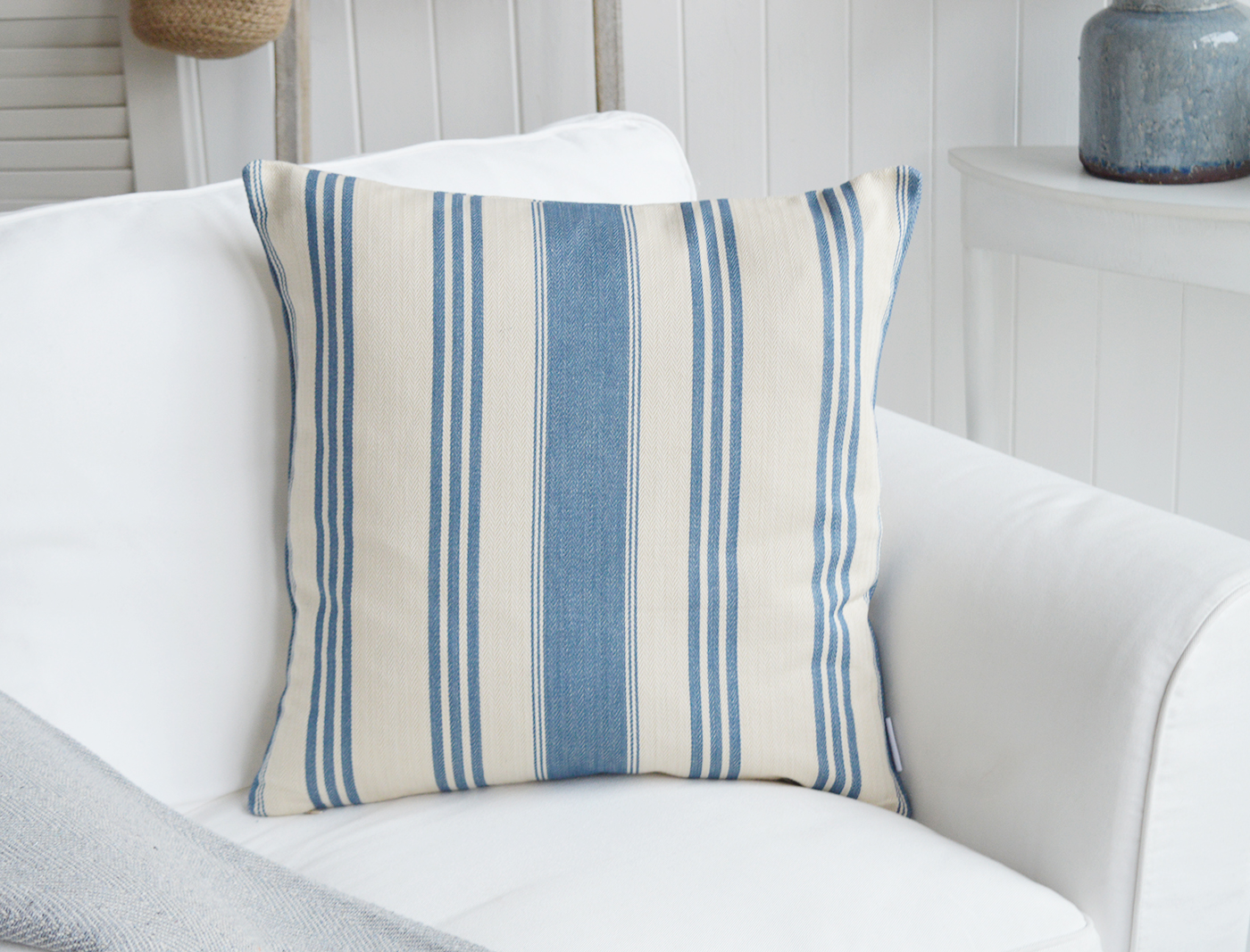 Harper Luxury Cushions. Blue & Linen Herringone Striped Cushion - New England, Hamptons and coastal cushions and interiors