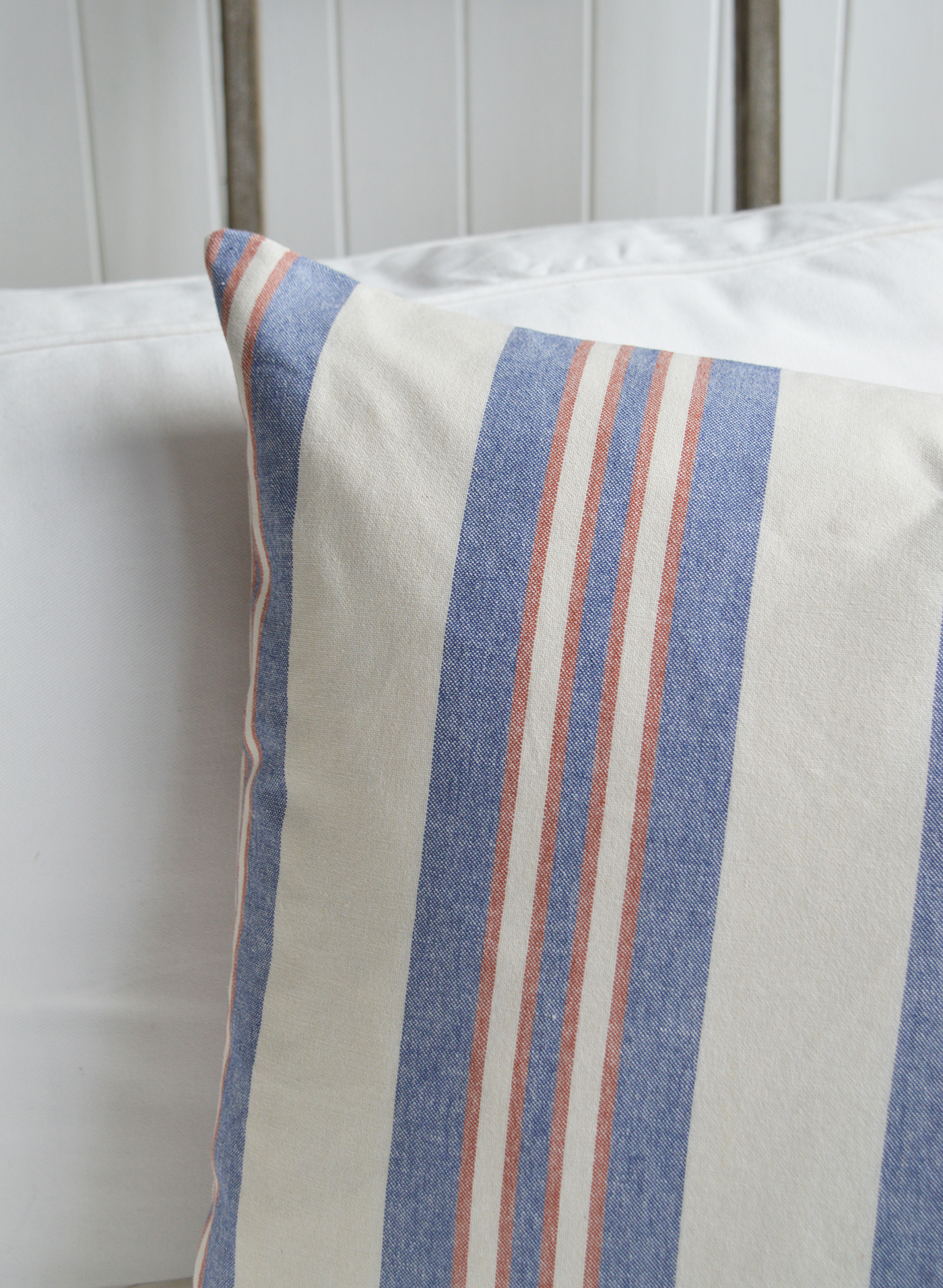 Harper Beach House Cushion. Blue and Red Striped Cushion - New England, Hamptons and coastal cushions and interiors