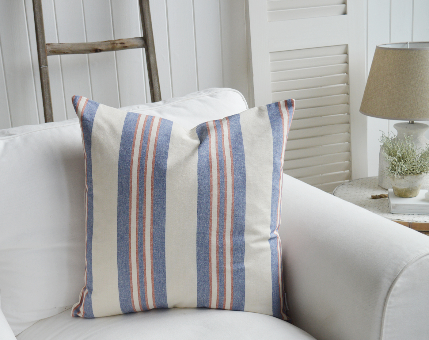 Harper Beach House Cushion. Blue and Red Striped Cushion - New England, Hamptons and coastal cushions and interiors