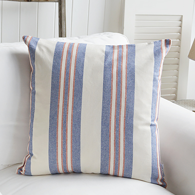 Harper Beach House Cushion. Blue and Red Striped Cushion - New England, Hamptons and coastal cushions and interiors