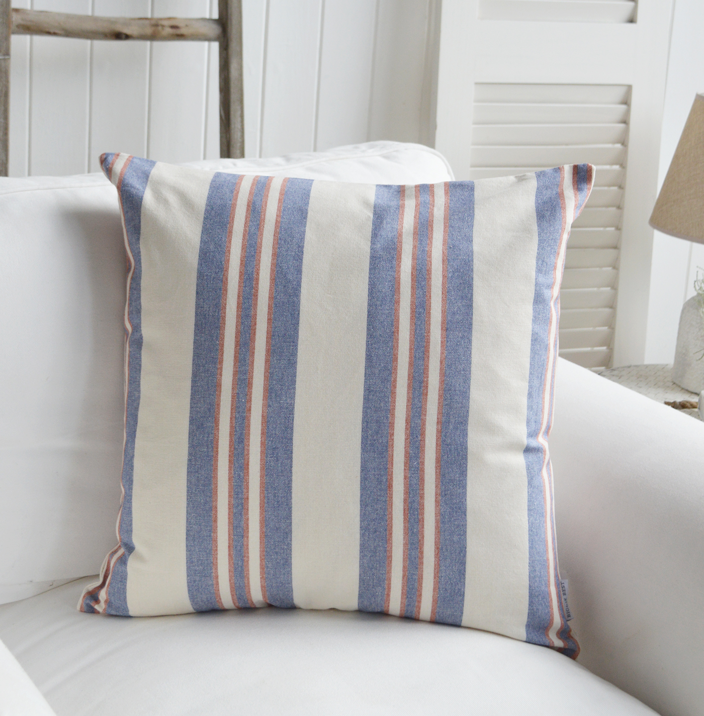 Harper Beach House Cushion. Blue and Red Striped Cushion - New England, Hamptons and coastal cushions and interiors