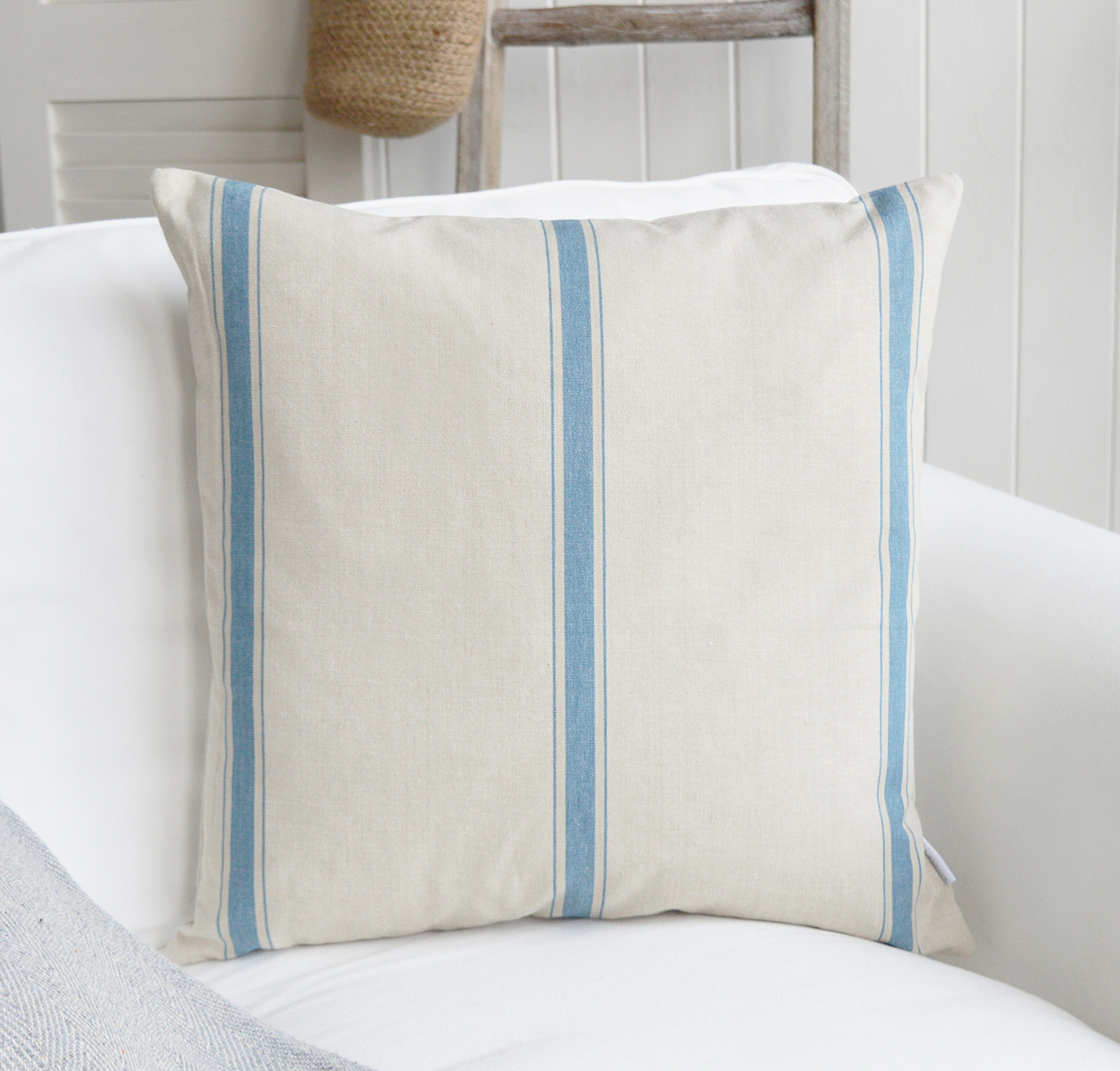 Harper Luxury Cushions. Blue and Linen Striped Cushion - New England, Hamptons and coastal cushions and interiors