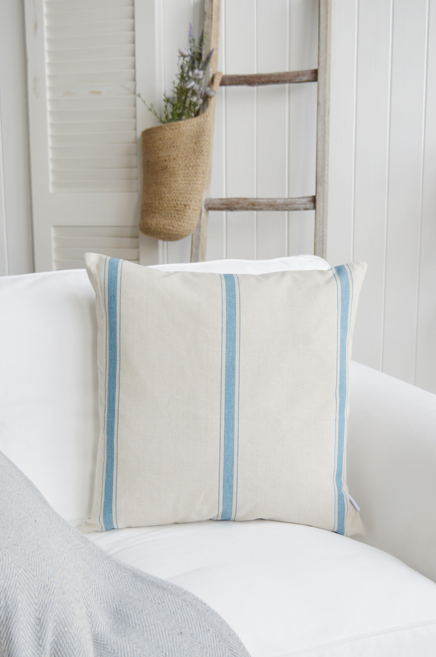 Harper Luxury Cushions. Blue and Linen Striped Cushion - New England, Hamptons and coastal cushions and interiors