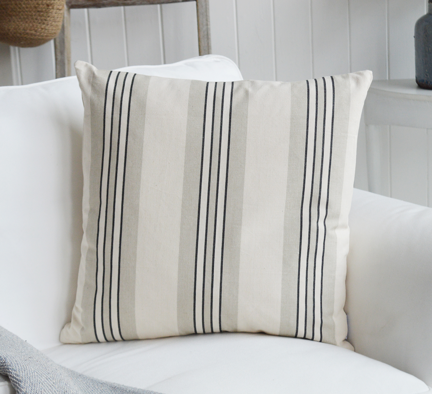 Harper Luxury Cushions. Grey, Charcoal and Linen Striped Cushion - New England, Hamptons and coastal cushions and interiors