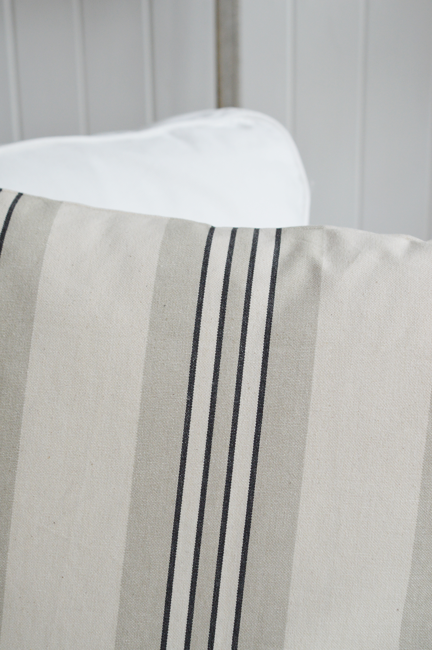 Harper Luxury Cushions. Grey, Charcoal and Linen Striped Cushion - New England, Hamptons and coastal cushions and interiors