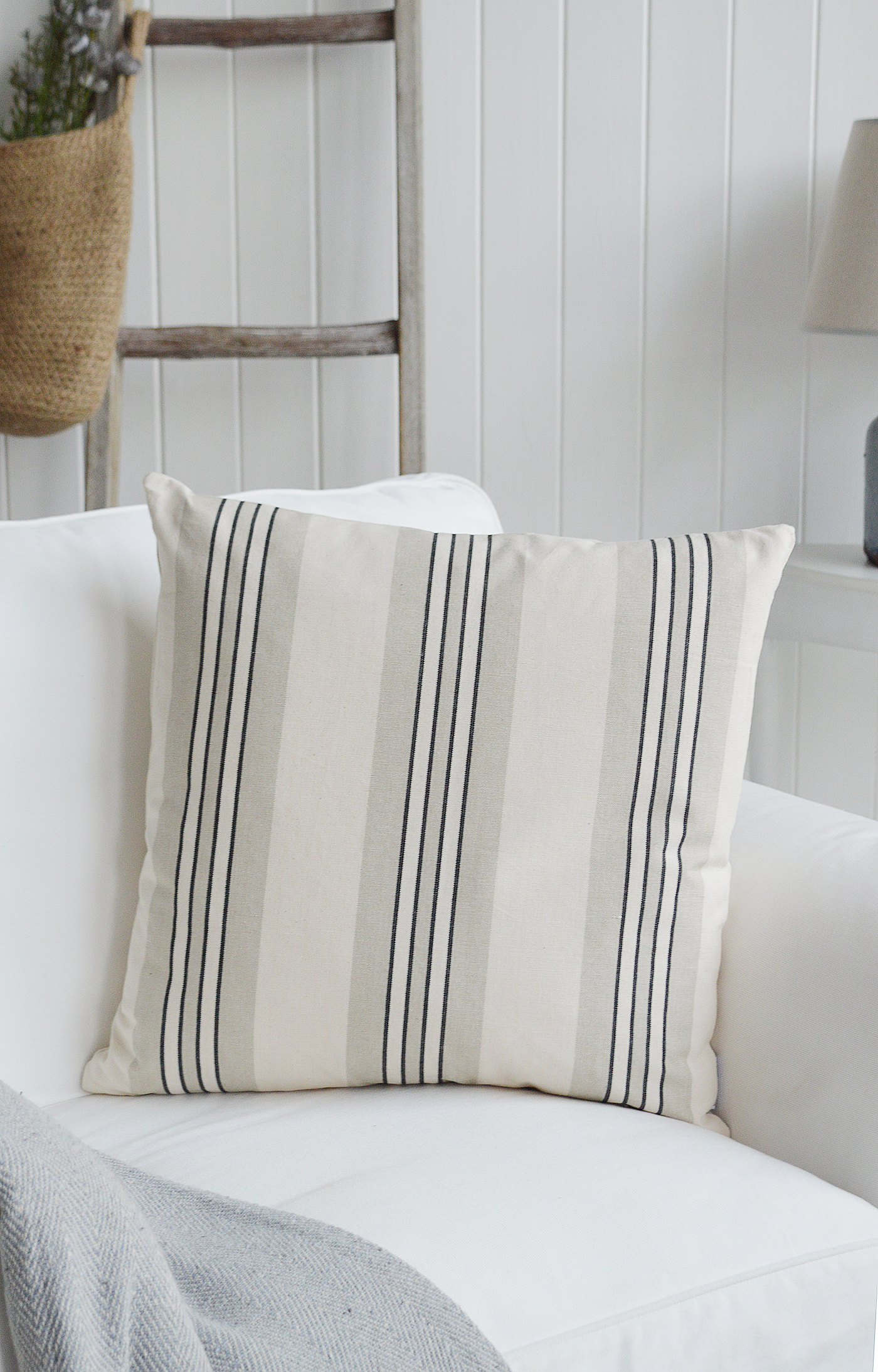 Harper Luxury Cushions. Grey, Charcoal and Linen Striped Cushion - New England, Hamptons and coastal cushions and interiors