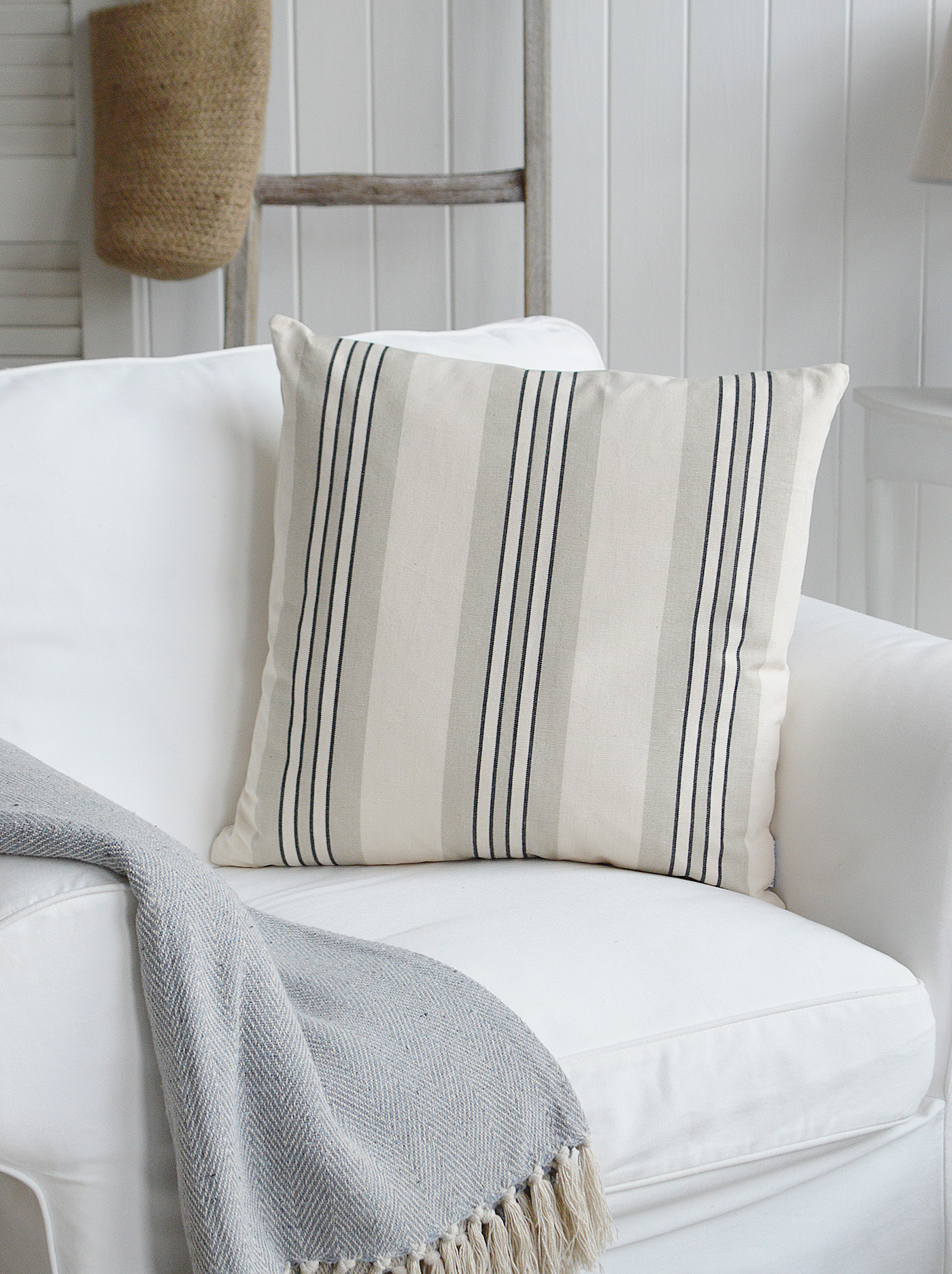 Harper Luxury Cushions. Grey, Charcoal and Linen Striped Cushion - New England, Hamptons and coastal cushions and interiors