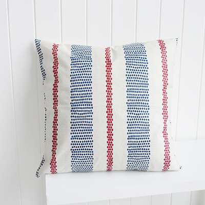 The Jamestown cushion cover is ideal for coastal interiors with its classic red and navy stripe design.