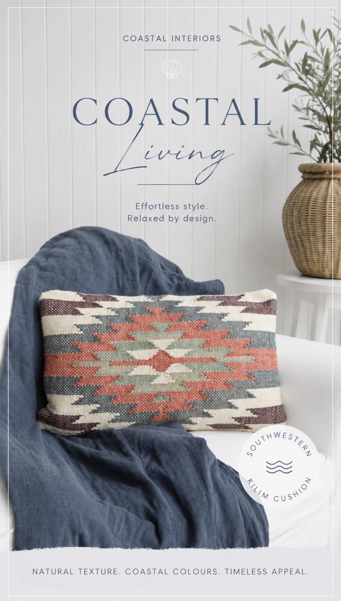 Add warmth and character to your home with this Southwestern-inspired kilim cushion, featuring rich coral, sage and denim blue tones – the perfect accent for coastal interiors, Hamptons homes, modern country styling and relaxed boho living spaces.