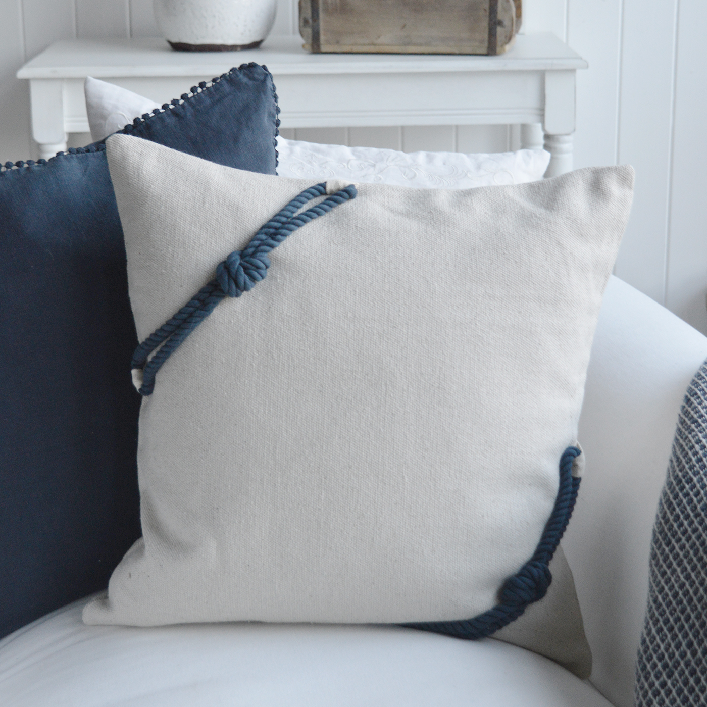 Navy rope vintage linen style cushion  for texture for New England country and coastal furniture and Beach House Coastal interiors