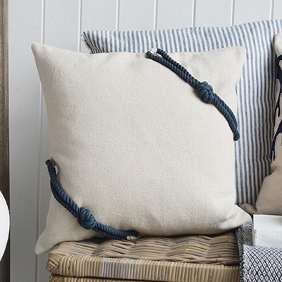 Navy rope vintage linen style cushion  for texture for New England country and coastal furniture and Beach House Coastal interiors