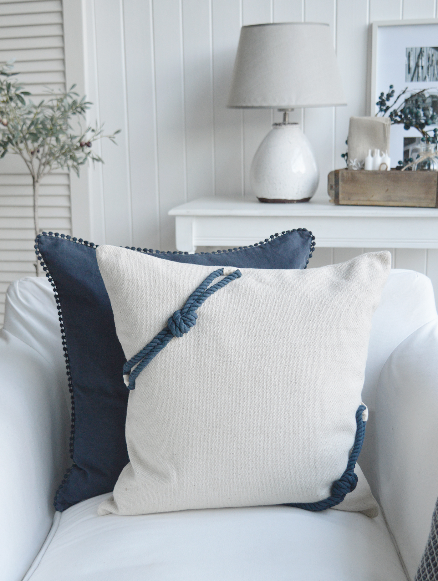 Navy rope vintage linen style cushion  for texture for New England country and coastal furniture and Beach House Coastal interiors