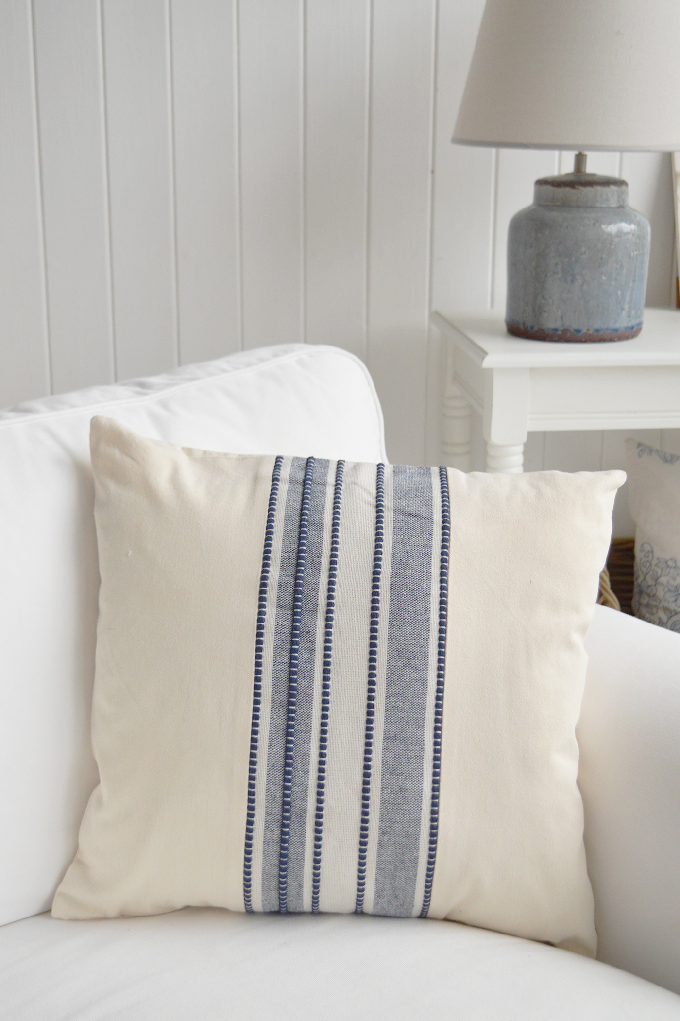 The Chadwick navy blue cushion cover brings timeless New England style to coastal living rooms and bedrooms.