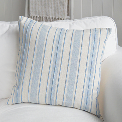 Shop the Bristol pale blue striped cushion cover, featuring a textured woven design perfect for New England, Hamptons and modern coastal interiors.