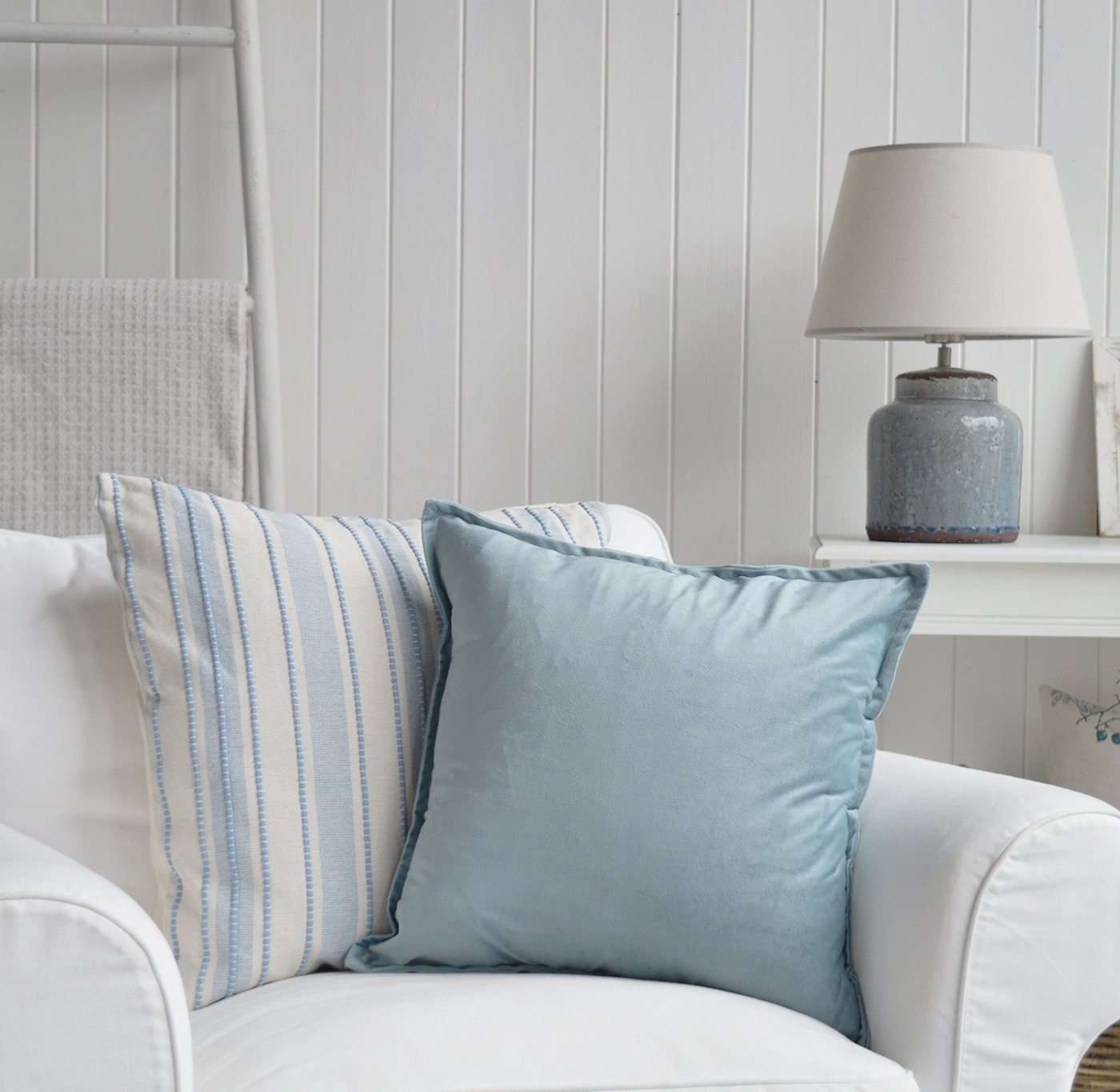 This velvety blue cushion cover is a beautiful choice for New England and Hamptons-style homes.