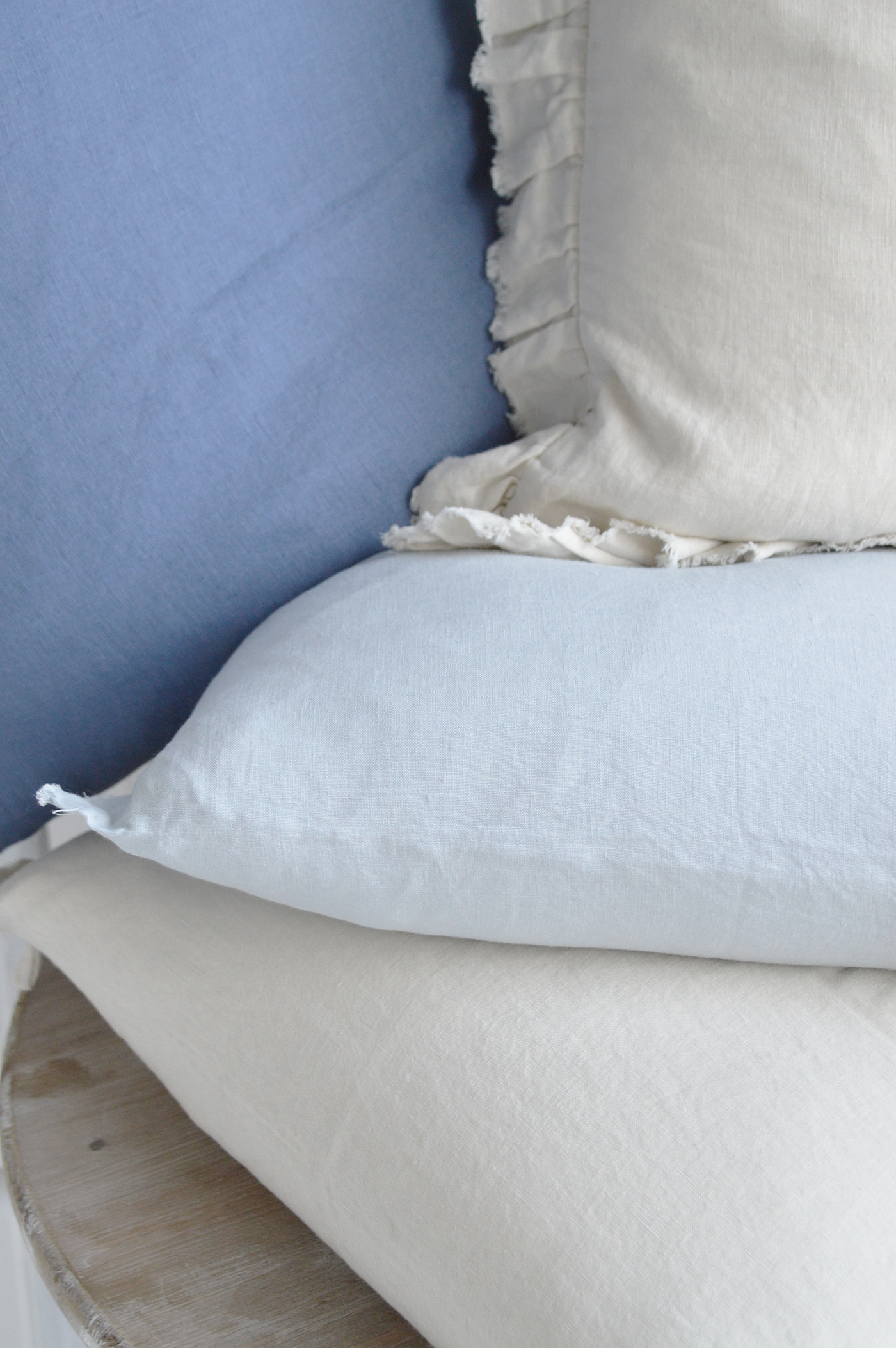 New England cushions and soft furnishings. Hamilton 100% Linen Cushion Covers for coastal, beach house and modern farmhouse interiors - navy and cream