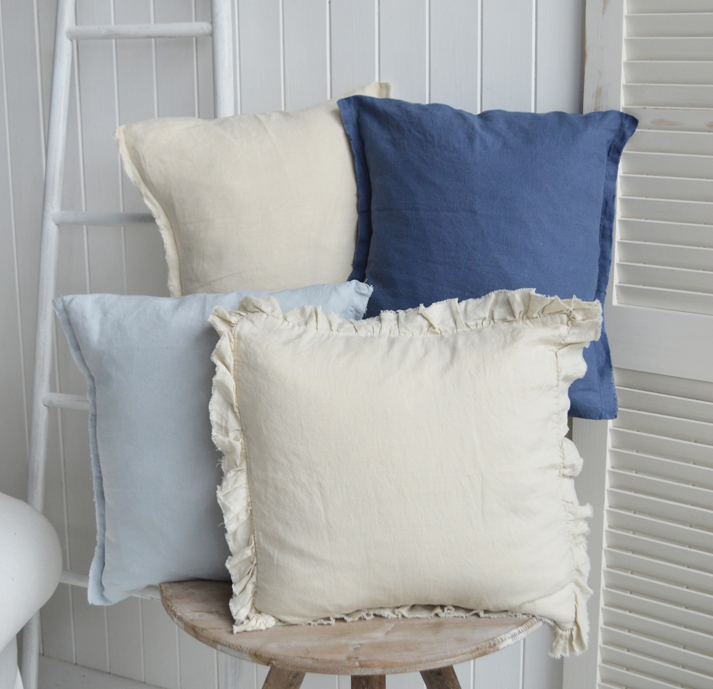 New England cushions and soft furnishings. Hamilton 100% Linen Cushion Covers for coastal, beach house and modern farmhouse interiors - entire range