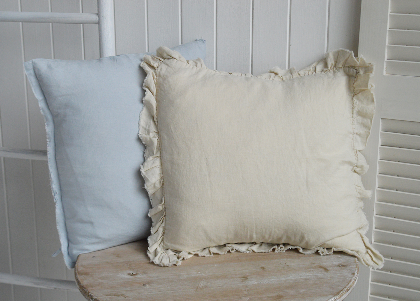 New England cushions and soft furnishings. Hamilton 100% Linen Cushion Covers for coastal, beach house and modern farmhouse interiors - dusty blue and cream