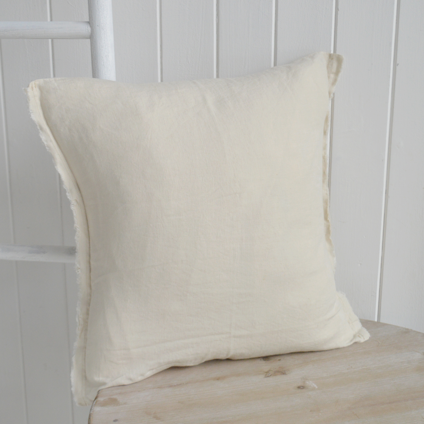 New England cushions and soft furnishings. Hamilton 100% Linen Cushion Covers for coastal, beach house and modern farmhouse interiors - cream frayed