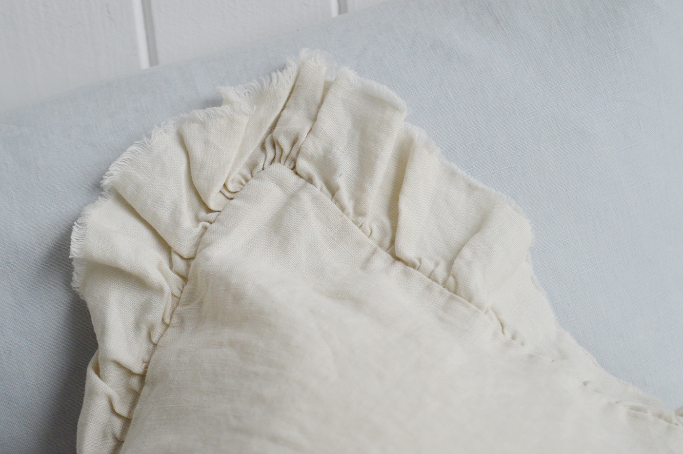 New England cushions and soft furnishings. Hamilton 100% Linen Cushion Covers for coastal, beach house and modern farmhouse interiors - cream ruffle close up