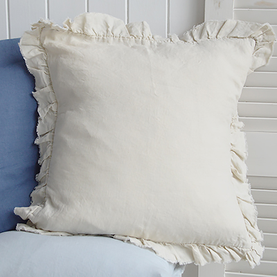 New England cushions and soft furnishings. Hamilton 100% Linen Cushion Covers for coastal, beach house and modern farmhouse interiors - cream ruffled